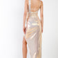 Gold Iridescent V-neck Wrap Gathered Deep Side Slit Different Straps Maxi Dress