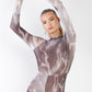 Purple-grey Lightning Print Mock Neck Long Sleeve With Finger Loop Fitted Catsuit /jumpsuit