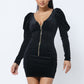 Soft Velvet Pleated Puff Sleeve Low V Neck Front And Back Mini Dress
