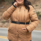 Plus Faux Fur Harness Buckle Belt Detail Long Fitted Puffer Jacket