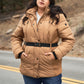 Plus Faux Fur Harness Buckle Belt Detail Long Fitted Puffer Jacket