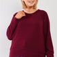 Plus Wine Red Ribbed Round Neck Long Balloon Sleeve Button Trim Top