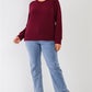Plus Wine Red Ribbed Round Neck Long Balloon Sleeve Button Trim Top