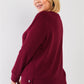 Plus Wine Red Ribbed Round Neck Long Balloon Sleeve Button Trim Top