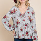 Floral Hacci Printed Babydoll Top With Elastic Cuff Sleeves