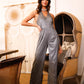 Silver Glitter Back Self-tie Wide Leg Jumpsuit