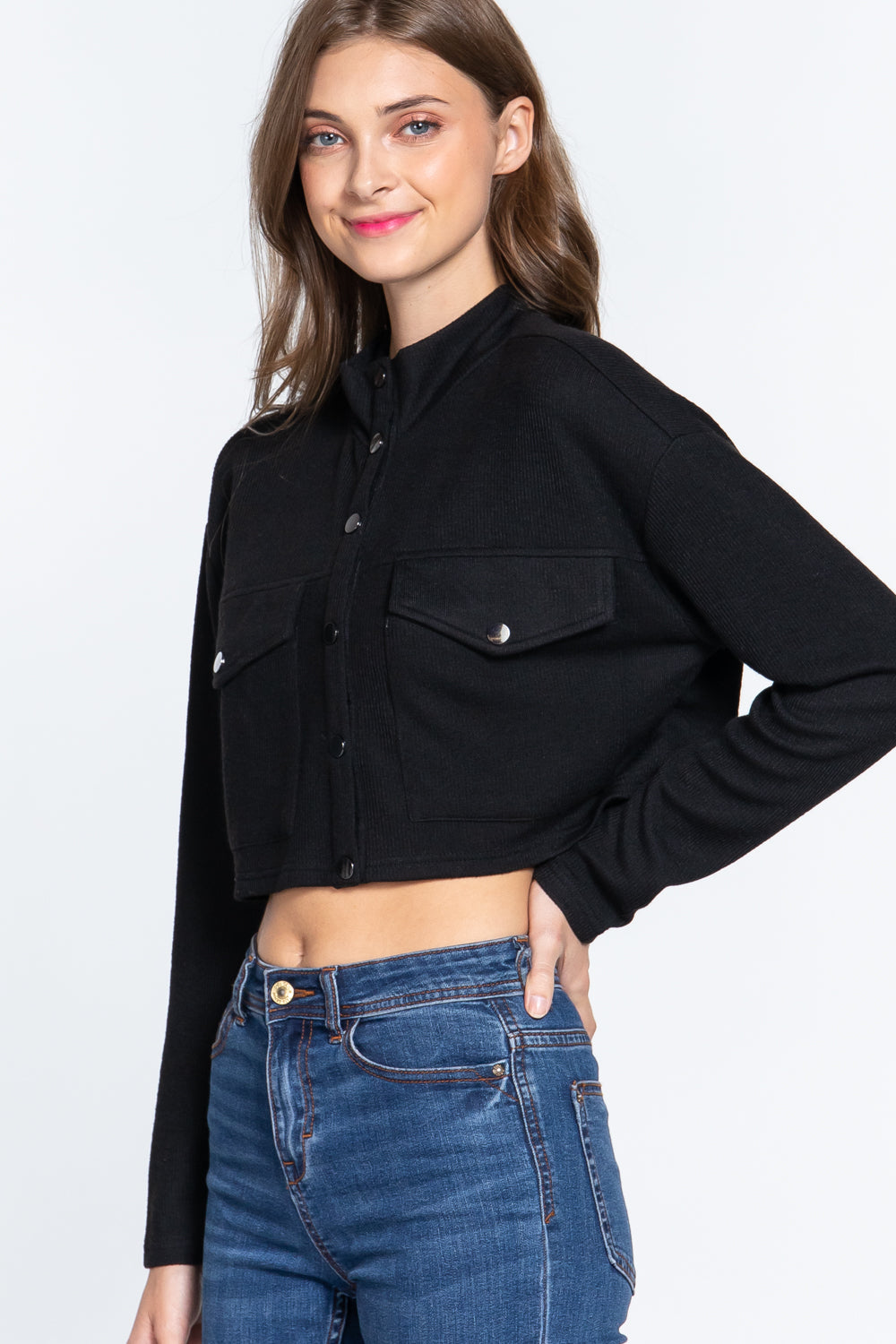 Long Slv Snap Button Crop Jacket