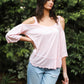 Pink Cold Shoulder Back Self-tie Detail Midi Sleeve Lettuce Edge Top