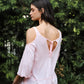 Pink Cold Shoulder Back Self-tie Detail Midi Sleeve Lettuce Edge Top