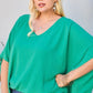 V Neck Dolman Sleeves Front Waist Elastic Solid Top