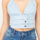 Denim Halter Neck Seamed Crop Top