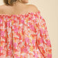 Sheer Floral Print Metallic Threading Long Sleeve Off Shoulder Top With High Low Hem