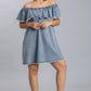 Off Shoulder Ruffled Denim Dress With Frayed Hem & Pockets