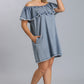 Off Shoulder Ruffled Denim Dress With Frayed Hem & Pockets