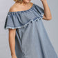 Off Shoulder Ruffled Denim Dress With Frayed Hem & Pockets