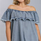 Off Shoulder Ruffled Denim Dress With Frayed Hem & Pockets