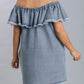 Off Shoulder Ruffled Denim Dress With Frayed Hem & Pockets