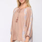 Solid Crinkle And Print Mix Raglan Sleeve Top With Tassel Tie