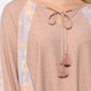 Solid Crinkle And Print Mix Raglan Sleeve Top With Tassel Tie