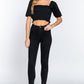 Elbow Sleeve Straight Neck Smocking W/ruffle Detail Woven Top
