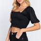 Elbow Sleeve Straight Neck Smocking W/ruffle Detail Woven Top