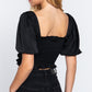 Elbow Sleeve Straight Neck Smocking W/ruffle Detail Woven Top