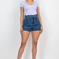 Acid Wash Belted Paperbag Denim Shorts