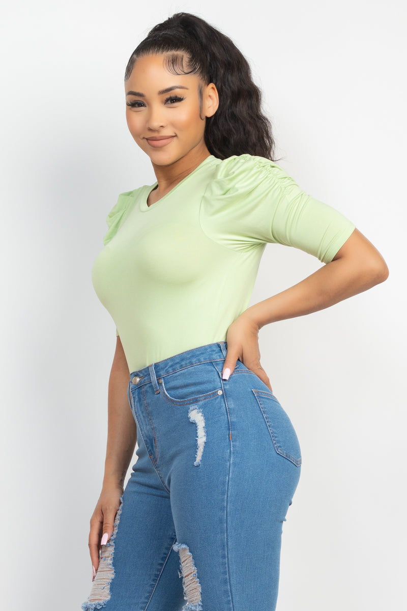 Round Neck Puff Ruched Sleeve Top