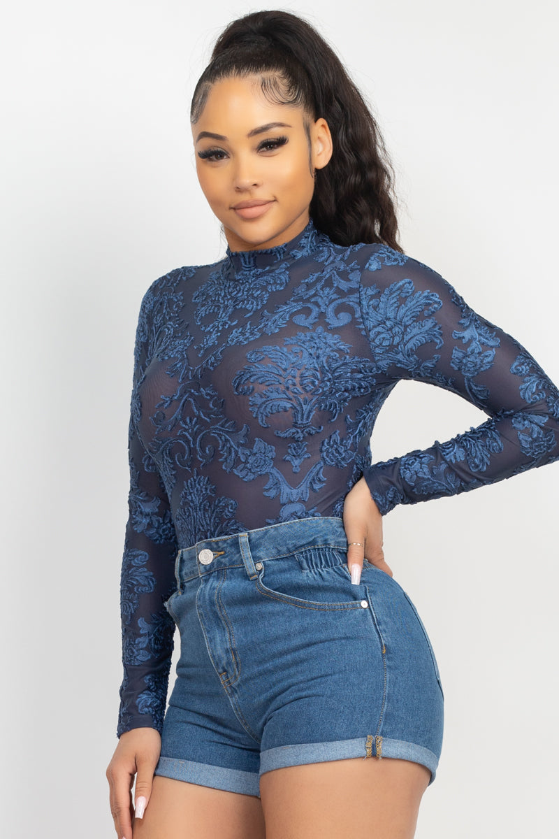 Embroidered Mock Neck Keyhole Bodysuit