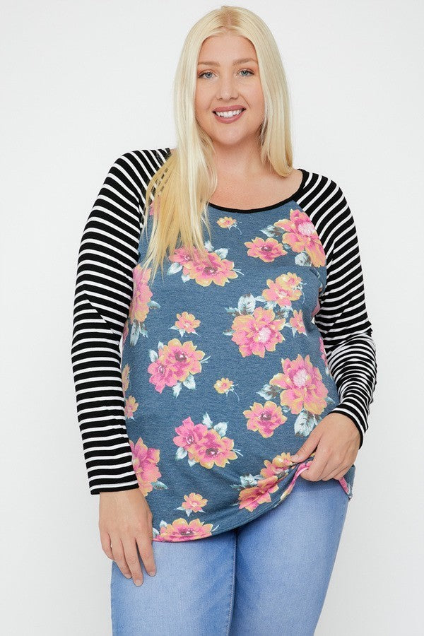 Floral Top Featuring Raglan Style Striped Sleeves And A Round Neck