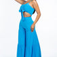 Solid Tie Front Spaghetti Strap Tank Top And Tiered Wide Leg Pants Two Piece Set