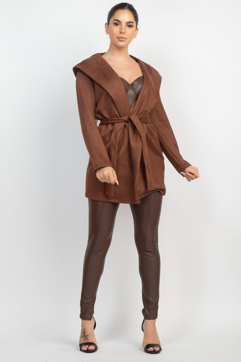 Suede Hooded Waist-tie Belt Jacket