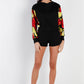 Black & Satin Effect Red & Lime Floral Print Hooded Top & Short Set