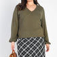 Plus Olive Flannel V-neck Long Sleeve Top