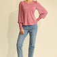 Solid Knit And Chiffon Mixed Top With Puff Long Sleeve
