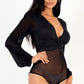 Mesh long sleeve deep v-neck bodysuit