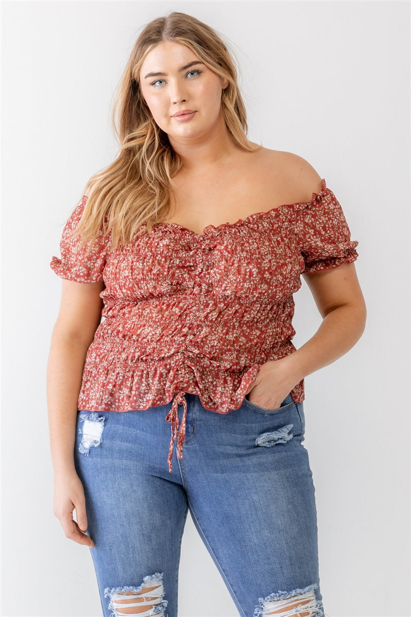 Plus Floral Chiffon Ruched Smocked Off-the-shoulder Top