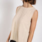 Sleeveless back button closure frayed top