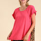 Linen Blend Short Ruffle Sleeve Round Neck Top With Animal Print Scoop Back