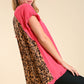 Linen Blend Short Ruffle Sleeve Round Neck Top With Animal Print Scoop Back