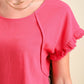 Linen Blend Short Ruffle Sleeve Round Neck Top With Animal Print Scoop Back