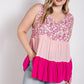Floral Color Block Ruffle Detail Tiered V-neck Top