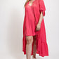Solid Textured Button Down And Hi - Low Hem Maxi Dress With Tie Sleeve And Slip Dress
